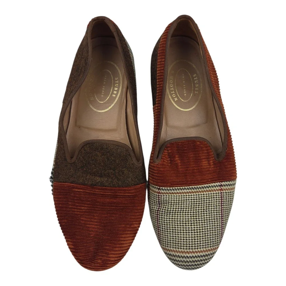 RARE Stubbs & Wootton Mismatched Patchwork Smoking Loafers 11 Brown Houndstooth